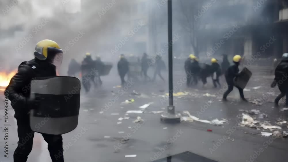 Riot police in protective gear move through a chaotic scene with smoke and flames during a protest. The intense atmosphere captures the tension of civil unrest and law enforcement in action