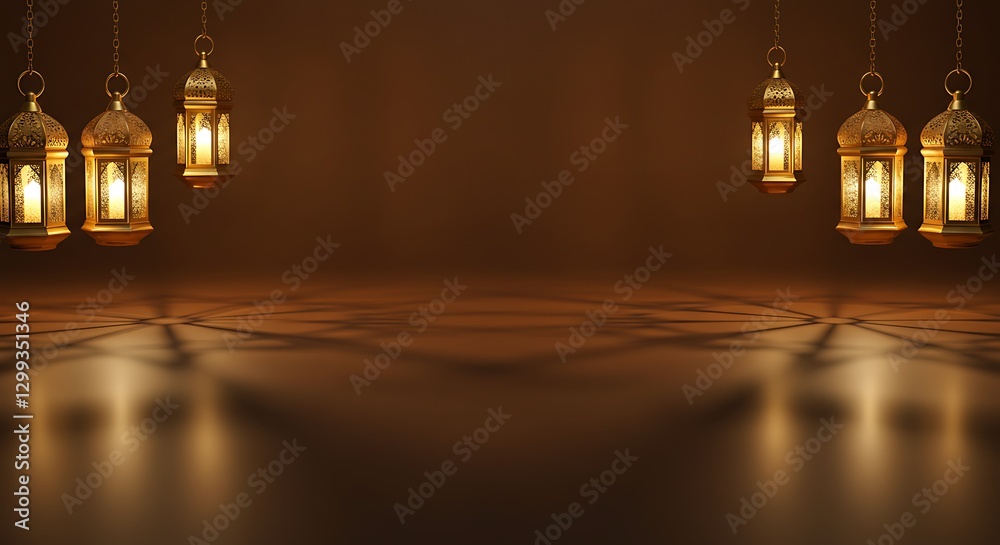 Obraz premium Elegant Ramadan Background with Golden Lanterns – copy space