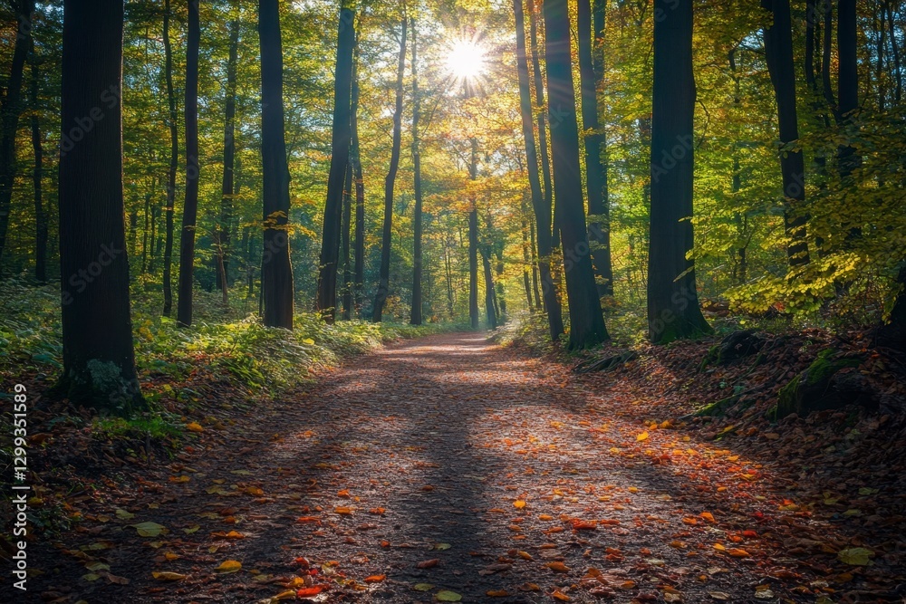 Fototapeta premium Forest path illuminated by sunlight through trees in autumn