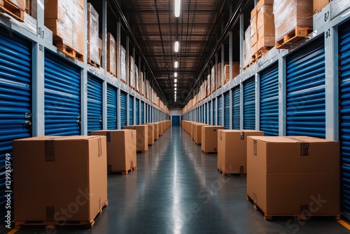 Inside a storage facility, rows of cardboard boxes are neatly lined up between blue metal doors. Bright lighting enhances the organized and spacious environment during the day