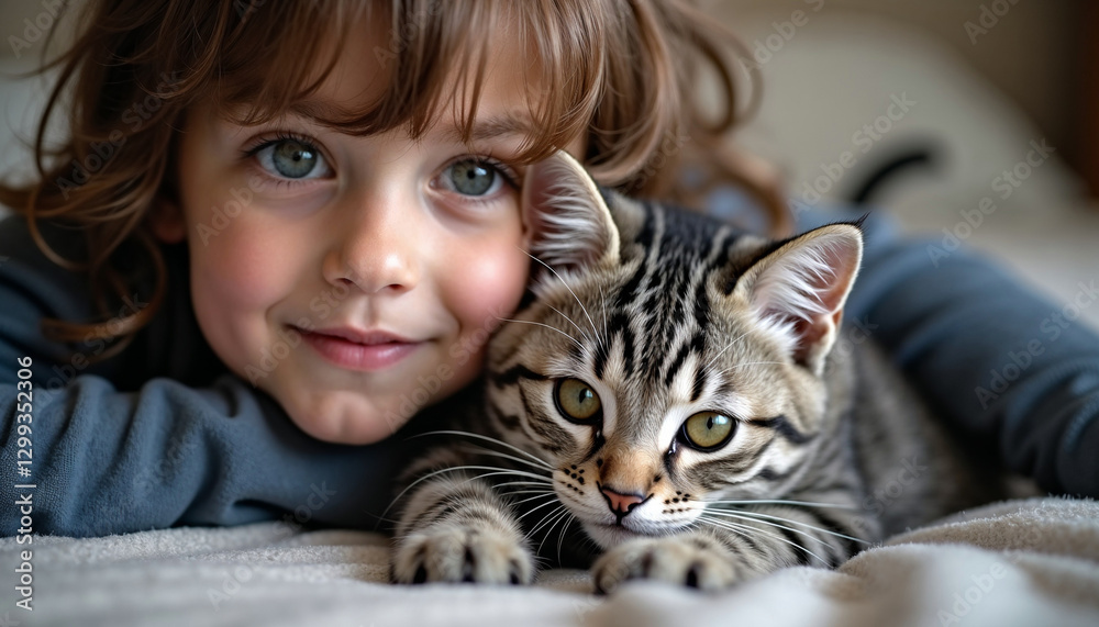 Smiling child lying with tabby cat on a cozy bed Smiling child lying with tabby cat on a cozy bed