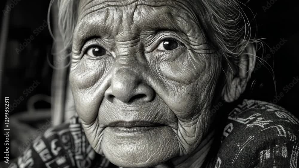 Portrait of an elderly woman displaying deep wrinkles and wise expression, captured in a traditional setting Portrait of an elderly woman displaying deep wrinkles and wise expression, captured in a traditional setting