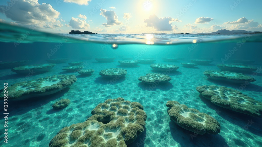Obraz premium Aerial view of a shallow coral reef affected by bleaching in clear tropical waters 