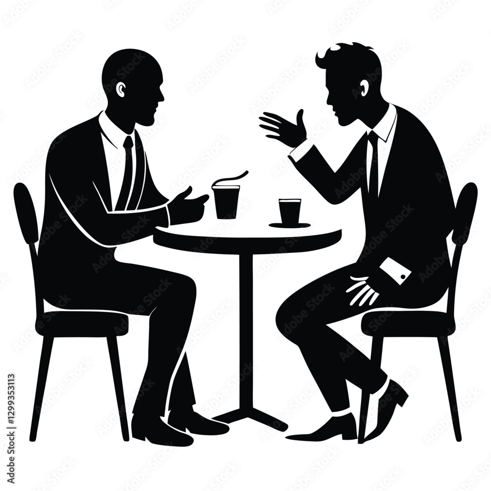 Silhouette of two business people in Deep Conversation at a Café .Businessman and Business man meating ,black silhouette,white background Silhouette of two business people in Deep Conversation at a Café .Businessman and Business man meating ,black silhouette,white background