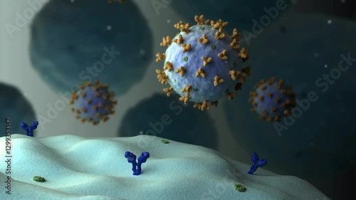 Biomedical animation of the Lassa virus attaching to a cell.