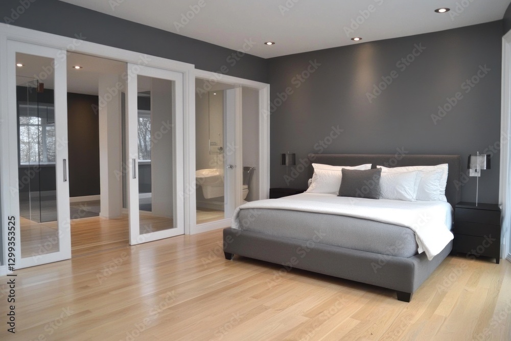 Fototapeta premium Modern bedroom interior, open concept, neutral tones, hardwood floors, spacious