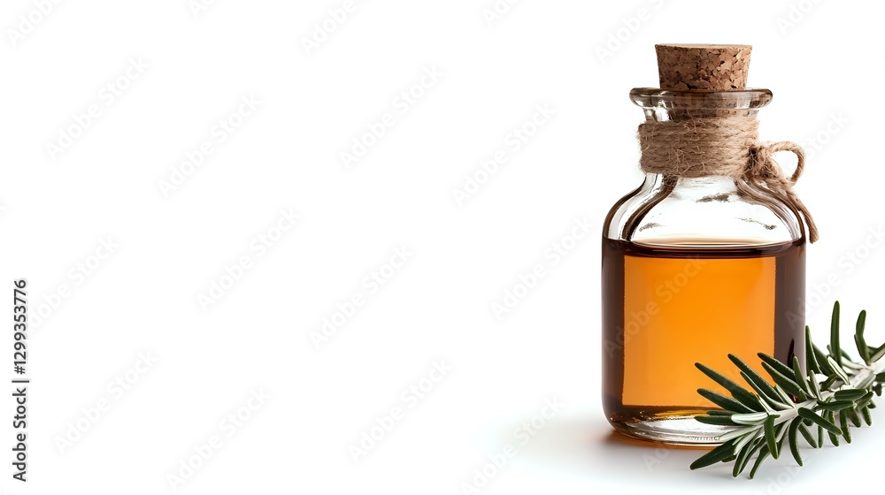 Small glass bottle with cork stopper containing amber liquid, decorated with twine and fresh rosemary sprig against white background, isolated for design use. Small glass bottle with cork stopper containing amber liquid, decorated with twine and fresh rosemary sprig against white background, isolated for design use.