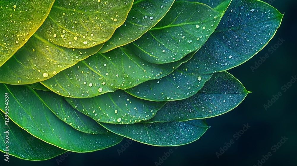 Obraz premium Nature's lush green leaves displaying raindrops close-up vibrant environment botanical concept