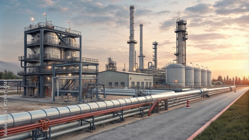 Sunset Refinery Wide Shot Composition, Industrial Pipes, Processing Plant, Energy Production Refinery, Petrochemical Sunset Refinery Wide Shot Composition, Industrial Pipes, Processing Plant, Energy Production Refinery, Petrochemical