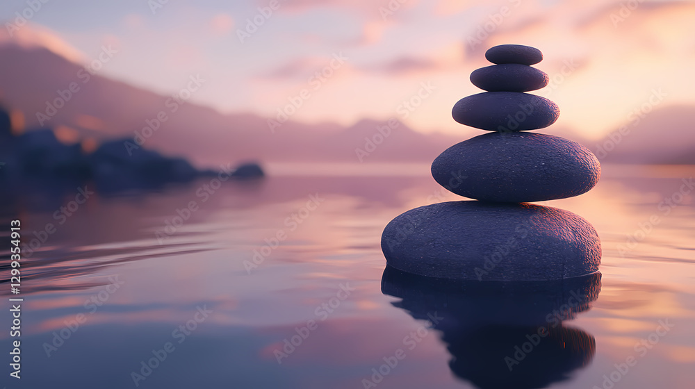 Stacked stones against a blurred background. Tranquility - Ocean. Illustration Stacked stones against a blurred background. Tranquility - Ocean. Illustration