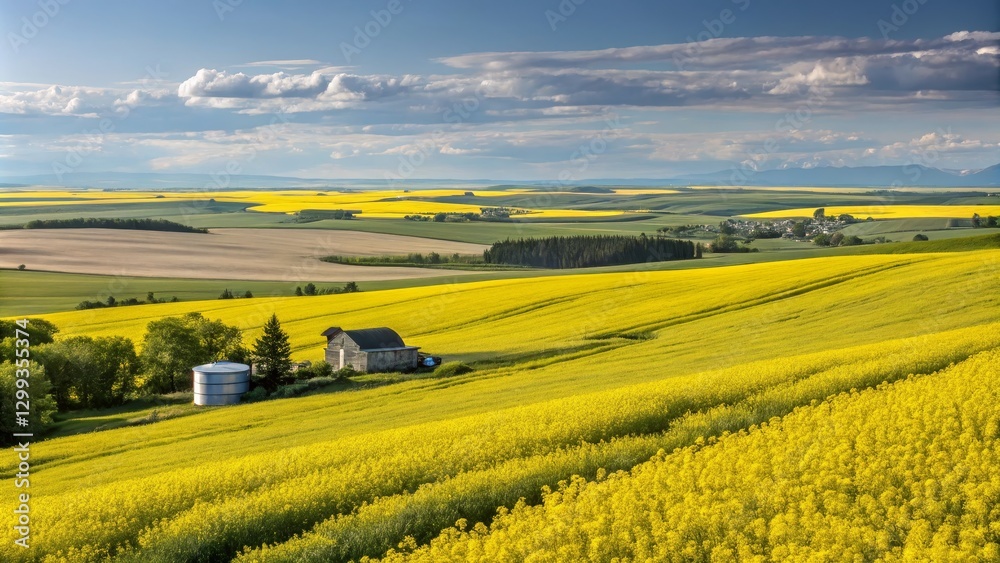 Obraz premium Rolling Hills of Golden Canola Fields with Barn, Landscape Photography, Rural Scenery Canola, Farmland