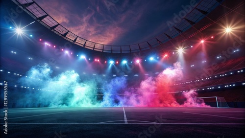 Neon Stadium Smoke, Lights, and Soccer Goal, stadium lighting, soccer field