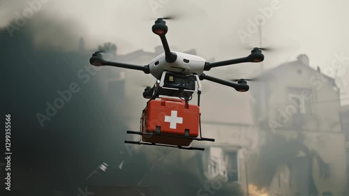 Medical drone delivering first aid kit in disaster zone with smoke environment. Emergency response technology for rapid supplies transport in crisis situations.