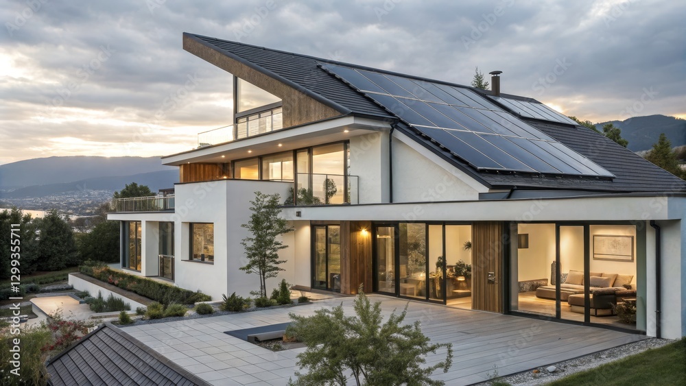 Modern Mountain Home Solar Panel Roof, Contemporary Design, Twilight View, Architectural Photography Sustainable architecture, eco-friendly home Modern Mountain Home Solar Panel Roof, Contemporary Design, Twilight View, Architectural Photography Sustainable architecture, eco-friendly home