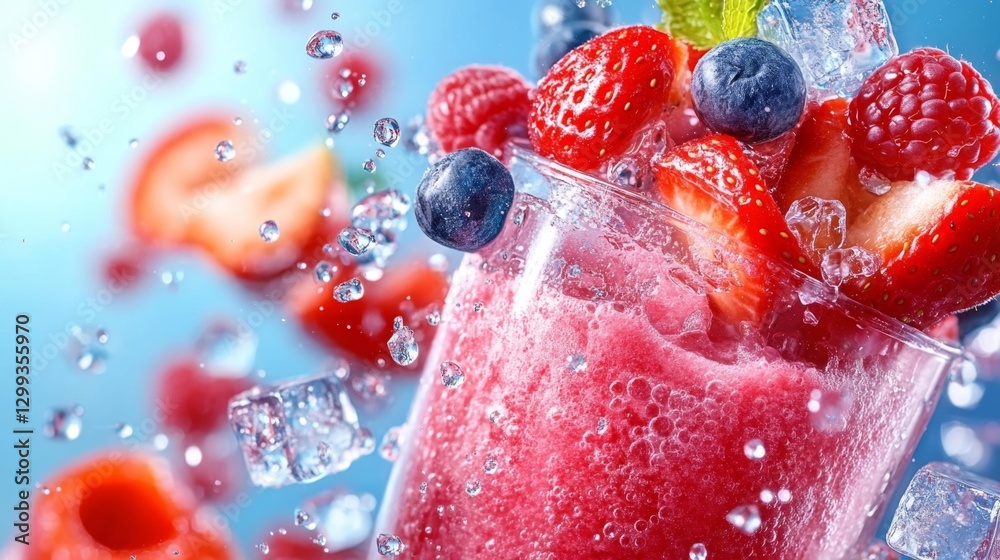 Berry Smoothie in Glass with Ice Cubes and Splashing Fruit. Generative AI Berry Smoothie in Glass with Ice Cubes and Splashing Fruit. Generative AI