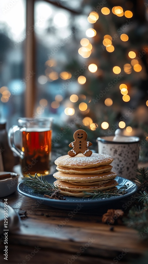 Pancakes with gingerbread on table near window, tree lights background Pancakes with gingerbread on table near window, tree lights background