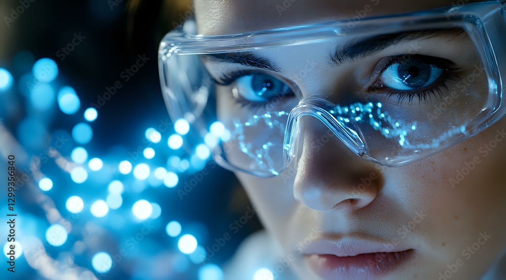 Young female scientist in protective eyewear examining glowing DNA structure in dark laboratory with blue illumination. Modern biotechnology research concept. Young female scientist in protective eyewear examining glowing DNA structure in dark laboratory with blue illumination. Modern biotechnology research concept.