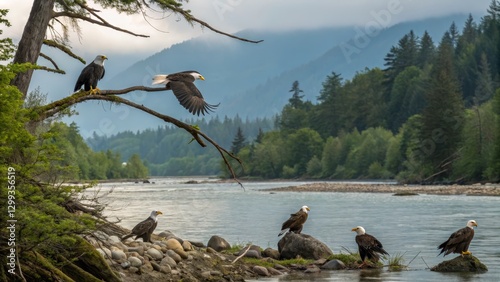 Five Bald Eagles Riverbank ...