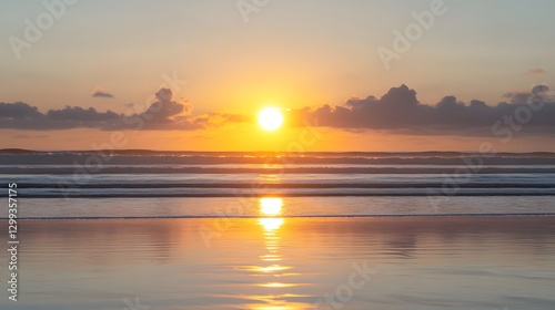 Stunning Ocean Sunset Beach Scene Golden Hour Waves