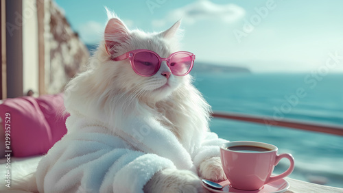 white sleepy cat sits on veranda in morning and drinks coffee.