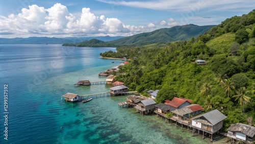 Aerial View of Coastal Houses on Stilts, Tropical Landscape, Idyllic Seascape, Drone Photography Keywords Indonesia, Island