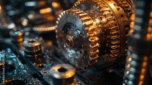 Close up of gears with lubricant oil, metal, and reflections for engineering use
