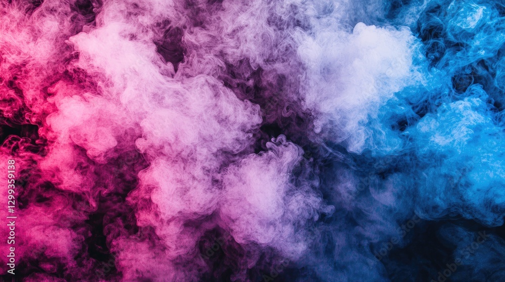 Fototapeta premium Pink, blue, and white smoke swirls on black background; abstract art, design