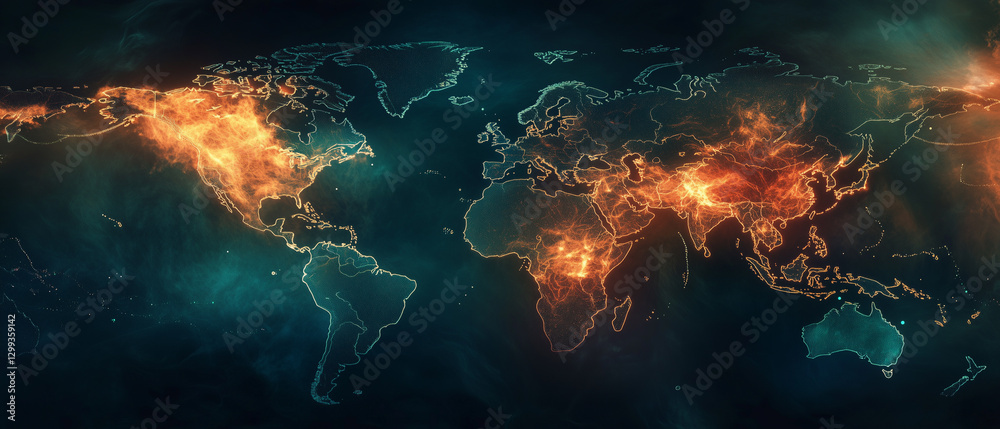 Fototapeta premium Digital world map with glowing data exchange pathways
