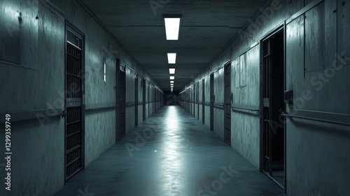 Dimly lit empty prison corridor with open cell doors