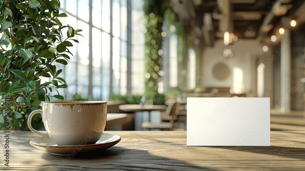 Coffee cup, business card on table at cafe with greenery background, for promo Coffee cup, business card on table at cafe with greenery background, for promo