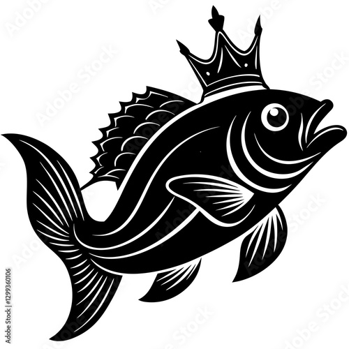 Royal Fish with Crown – Black and White Vector Illustration

