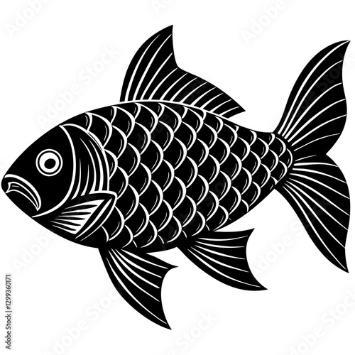 Ornate Fish with Detailed Scales – Black and White Vector Illustration

