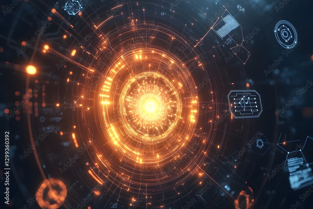 Obraz premium Futuristic Circular Energy Sphere with Radiant Light and Digital Network Connections in Abstract Technological Background