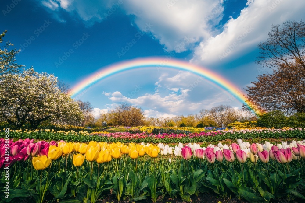 Naklejka premium Vibrant tulip field under a colorful rainbow, symbolizing hope and springtime beauty