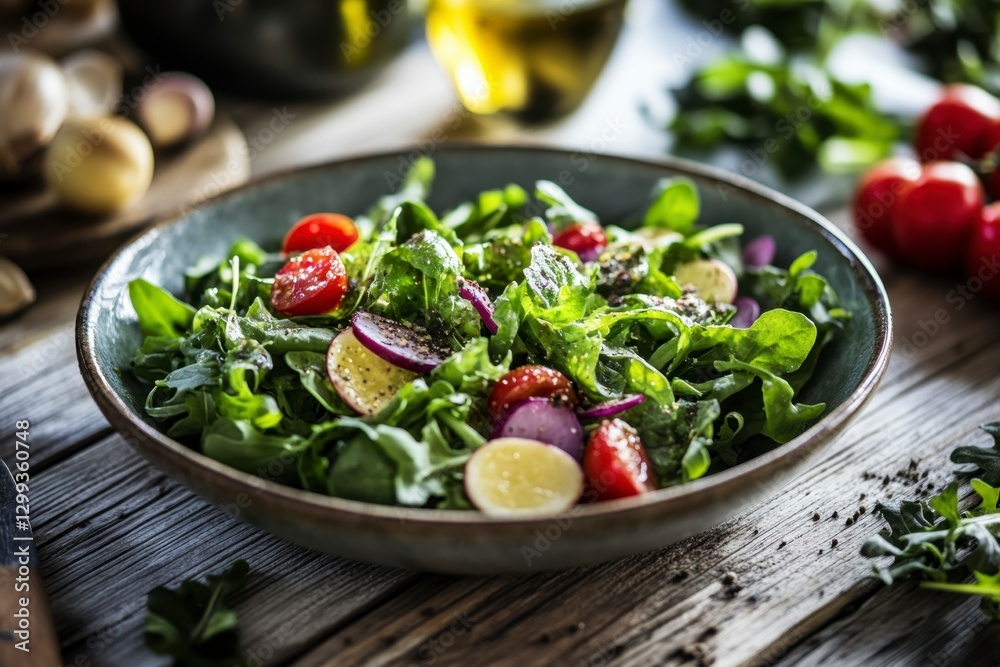 Fresh Arugula Salad with Radishes and Tomatoes on a Rustic Wooden Table Fresh Arugula Salad with Radishes and Tomatoes on a Rustic Wooden Table