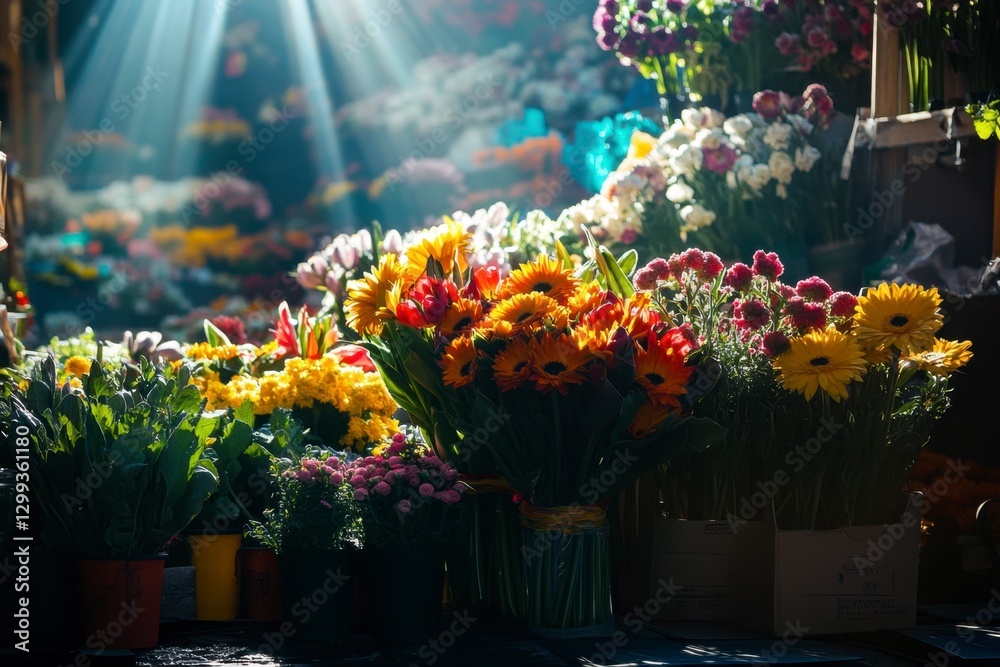 Fototapeta premium A vibrant flower market display with sunflowers, tulips, and lush greenery, bathed in warm sunlight, offering a fresh and colorful
