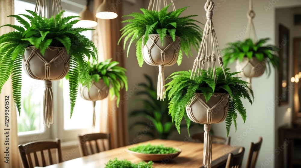 Fototapeta premium Elegant Indoor Dining Space with Hanging Macrame Planters and Natural Greenery