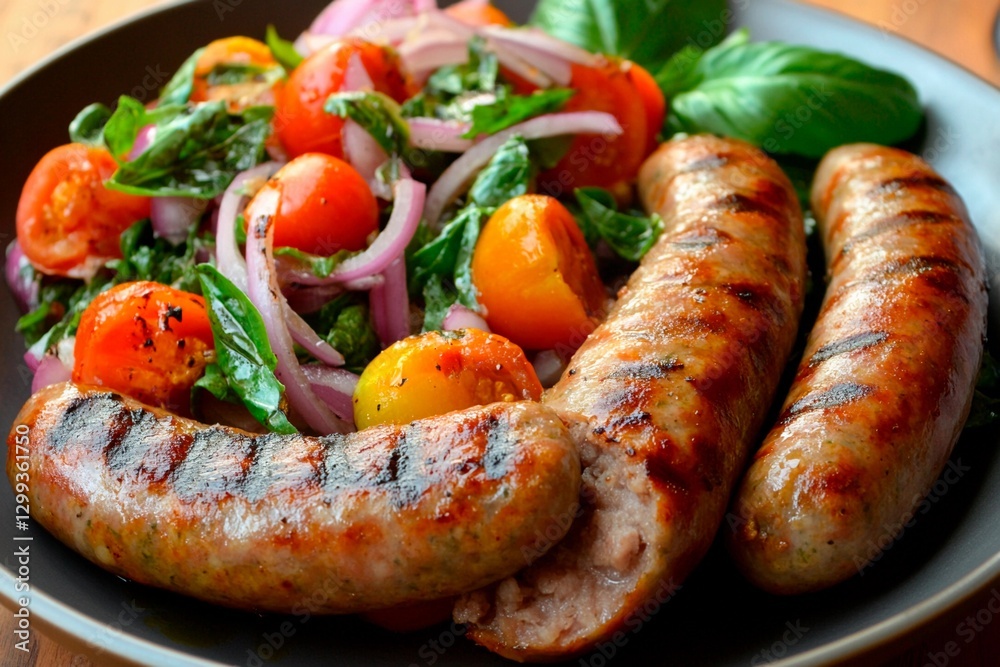 Three grilled sausages are placed on a rustic plate alongside a vibrant salad of cherry tomatoes, red onions, and fresh basil, inviting a delicious dining experience Three grilled sausages are placed on a rustic plate alongside a vibrant salad of cherry tomatoes, red onions, and fresh basil, inviting a delicious dining experience