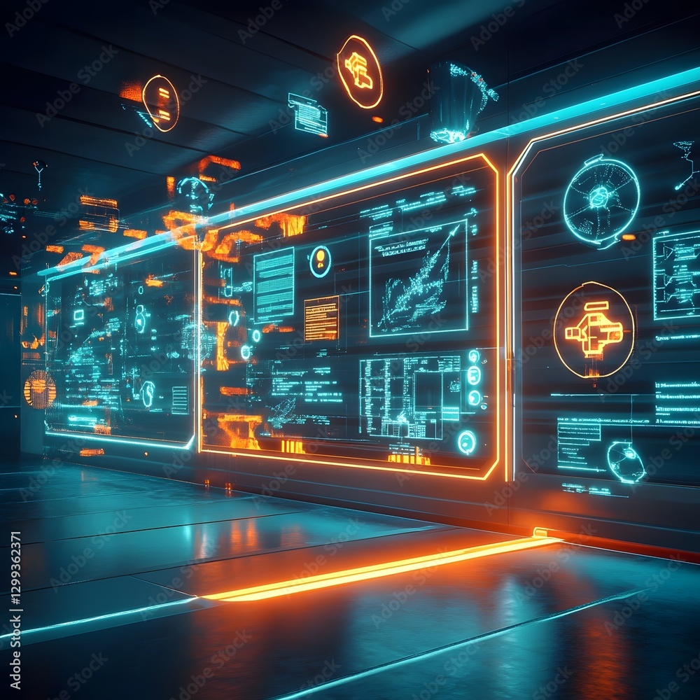 Fototapeta premium Futuristic Sci Fi Digital Technology Interface with Neon Holographic HUD Elements