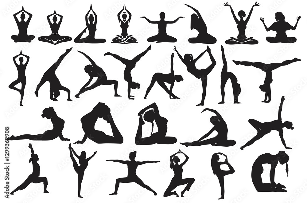 A collection of yoga and meditation silhouette icons representing different mindfulness and relaxation poses. This vector set includes various postures used in meditation, stretching, and exercise
A collection of yoga and meditation silhouette icons representing different mindfulness and relaxation poses. This vector set includes various postures used in meditation, stretching, and exercise