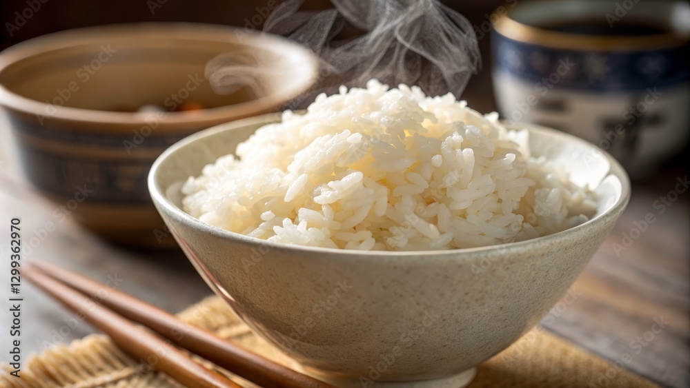 Steaming Bowl of White Rice Close-up Food Photography, High-angle Composition, Asian Cuisine, food photography Asian Food, Rice Dish
