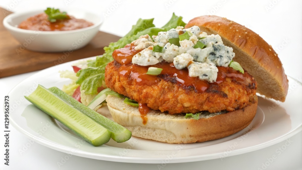 Spicy Buffalo Chicken Burger with Blue Cheese and Lettuce, Close-up Food Photography, Delicious Recipe, Burger Recipe Burger recipe, Food photography Spicy Buffalo Chicken Burger with Blue Cheese and Lettuce, Close-up Food Photography, Delicious Recipe, Burger Recipe Burger recipe, Food photography