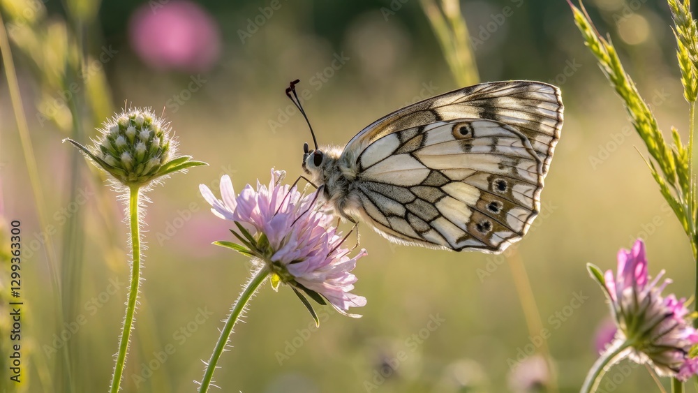 Marbled White Butterfly on Flower Macro Photography, Soft Light, Meadow, Nature, Insect Butterfly, Macro Photography Marbled White Butterfly on Flower Macro Photography, Soft Light, Meadow, Nature, Insect Butterfly, Macro Photography