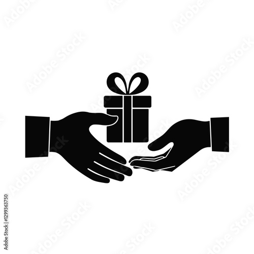 Hands exchanging a gift box silhouette icon.