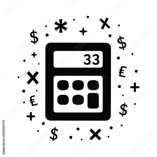 Calculator with currency symbols icon in black and white.