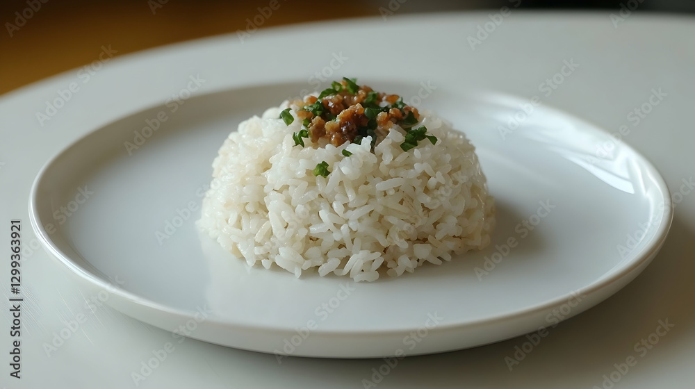 Steamed rice, topped, white plate, kitchen table Steamed rice, topped, white plate, kitchen table