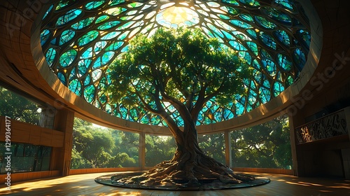 Majestic tree inside futuristic glass dome high resolution hd photo