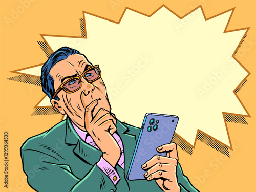Pop Art Retro Businessman thought with phone in hand. News feed in social networks. Convenient application for thoughts.