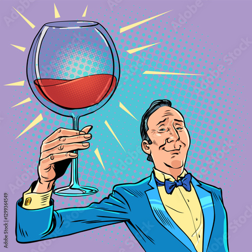 sommelier Pop Art Retro A man in a suit is an alcohol taster. A toast to the event. A smug important person.