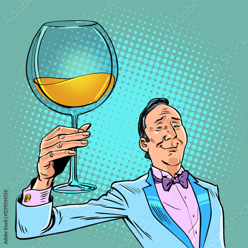 sommelier Pop Art Retro A man in a suit is an alcohol taster. A toast to the event. A smug important person.
